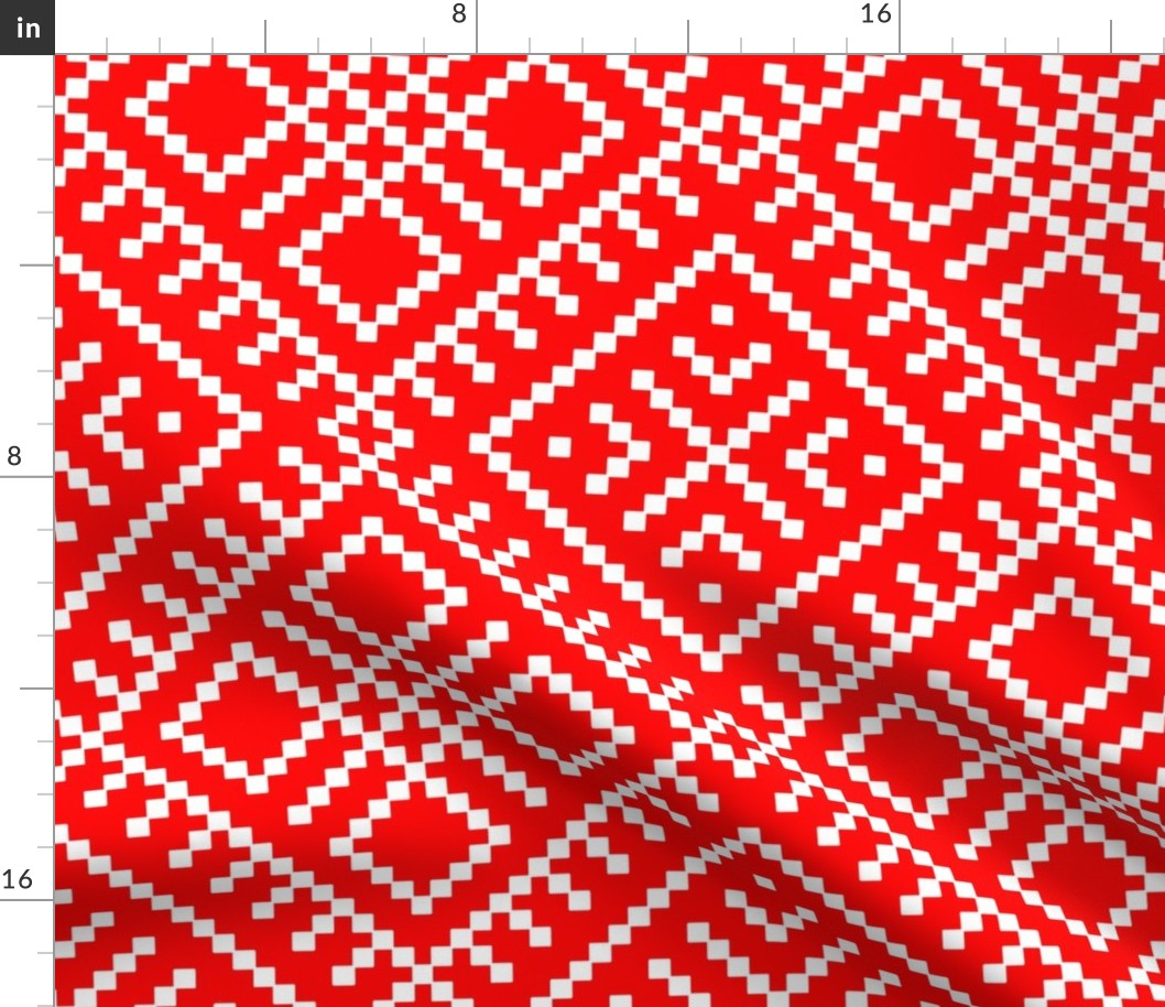 Family Unit - Scarlet Red White Light Pattern - Ukrainian Ornament - Folk Geometric Ancient Slavic Obereg - Huge Mega Large