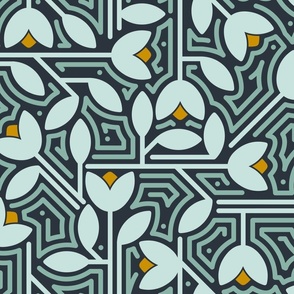 geometric leaves and flowers midnight mustard 18 inch (12 inch wallpaper)