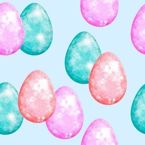 Glitter Easter Eggs on Blue Background