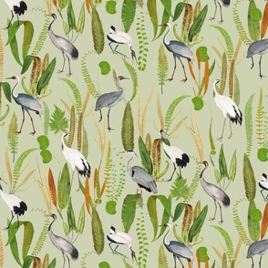 Herons And Cranes In Antiqued Marshland - green