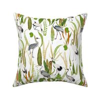 Herons And Cranes In Antiqued Marshland - white