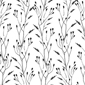 Black and white wildflowers. Floral vines. Boho vertical stripes.