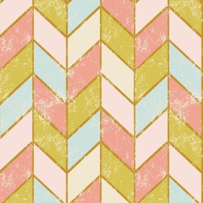 large | Shabby Chic Irregular Chevron | white cream/beige, baby blue, blush pink, chartreuse, salmon pink with mustard matt gold lines & rustic, aged, distressed texture 