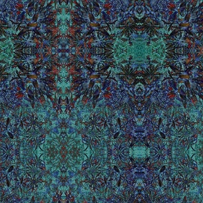 Tiled ocean sea abstract botanical, mirrored Dark blue and cyan greens, touch of red
