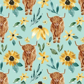 Sunflower Highland Cow  Floral on Blue 12 inch