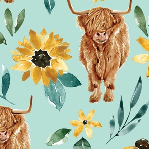 Sunflower Highland Cow  Floral on Blue 24 inch
