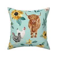 Sunflower Highland Cow Farm Animal Floral on Blue 24 inch