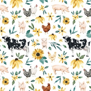 Sunflower Cow Farm Animal Floral on White 12 inch