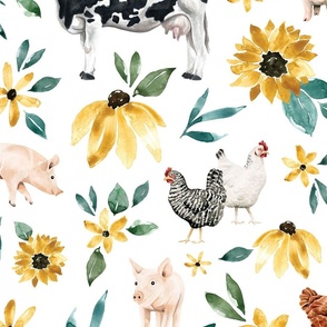 Sunflower Cow Farm Animal Floral on White 24 inch