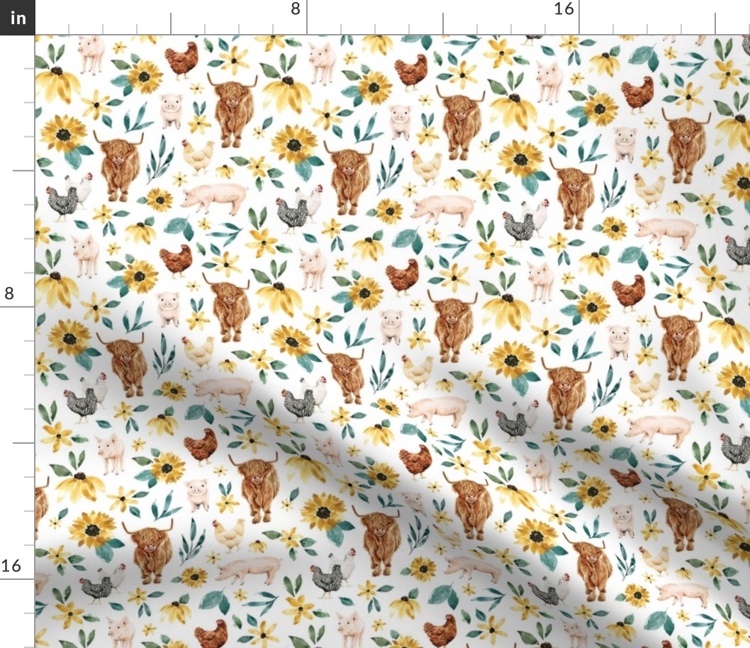Sunflower Highland Cow Farm Animal Floral on White 6 inch