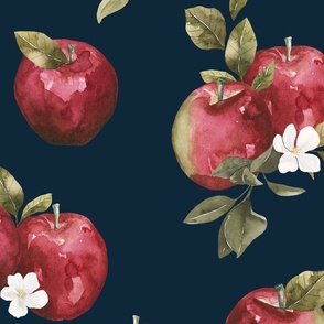 Fall Apples and Apple Blossom on Navy Blue 24 inch