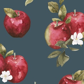 Fall Apples and Apple Blossom on Blue 24 inch