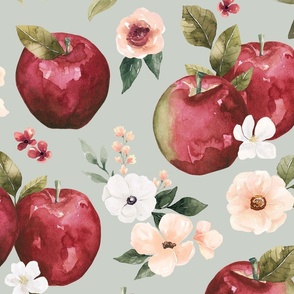 Watercolor Apple Floral on Mint Blue 24 inch