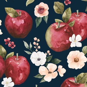 Watercolor Apple Floral on Navy Blue 24 inch