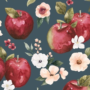 Watercolor Apple Floral on Blue 24 inch
