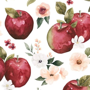Watercolor Apple Floral on White 24 inch