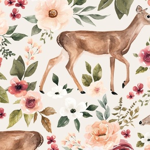 Whimsical  Deer Floral on Cream 24 inch