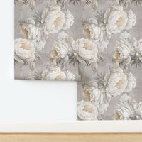 Large beige peonies. Neutral floral classic bedroom. Boho flowers.