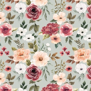 Blush Pink Felicity Watercolor Floral on Mint Blue 12 inch