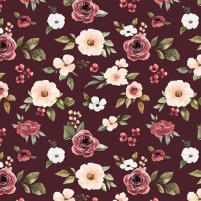 Blush Pink and Red Flowers on Maroon 12 inch