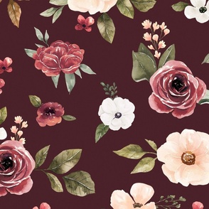 Blush Pink and Red Flowers on Maroon 24 inch