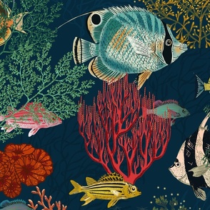 Fishes and Seaweed navy blue - L