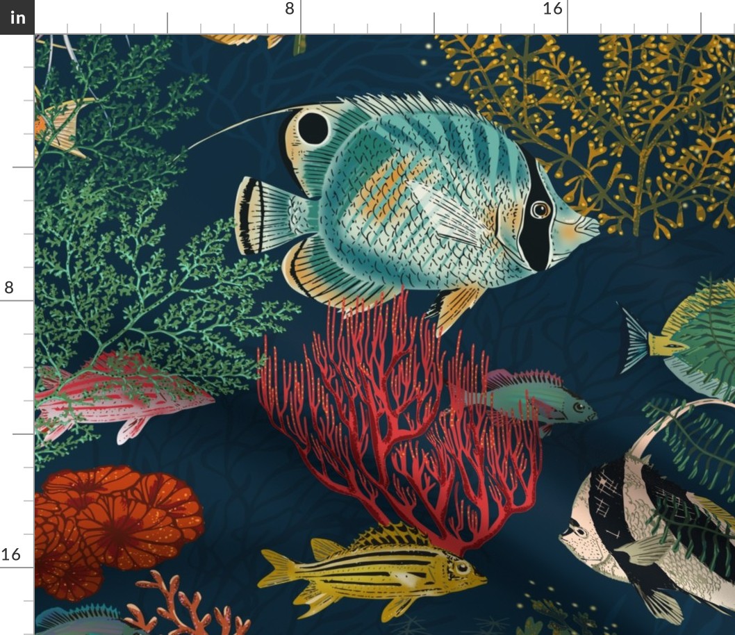 Fishes and Seaweed navy blue - L
