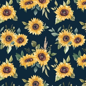 Watercolor Sunflowers on Navy Blue 12 inch