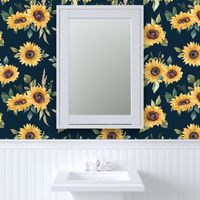 Watercolor Sunflowers on Navy Blue 24 inch