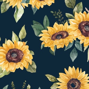 Watercolor Sunflowers on Navy Blue 24 inch