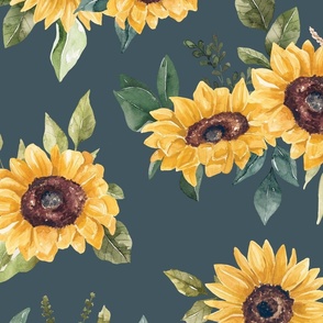 Watercolor Sunflowers on Blue 24 inch