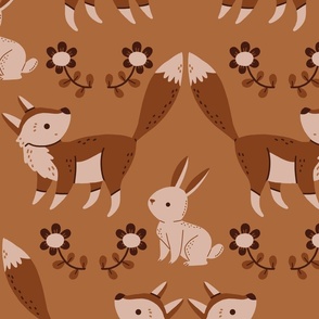 earth tone Forest fox and bunny large