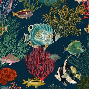 Fishes and Seaweed navy blue - M