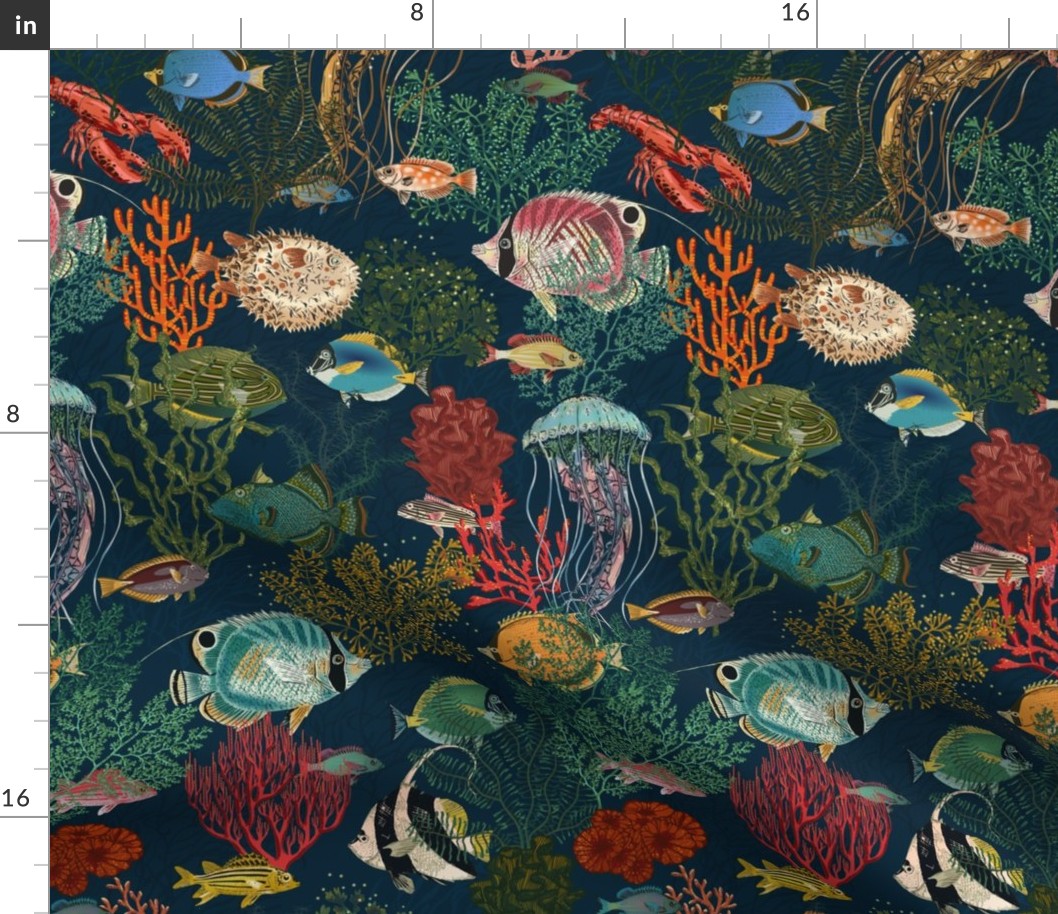 Fishes and Seaweed navy blue - S