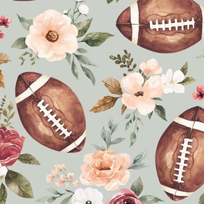 Blush Pink Watercolor Football Floral on Mint Blue 24 inch