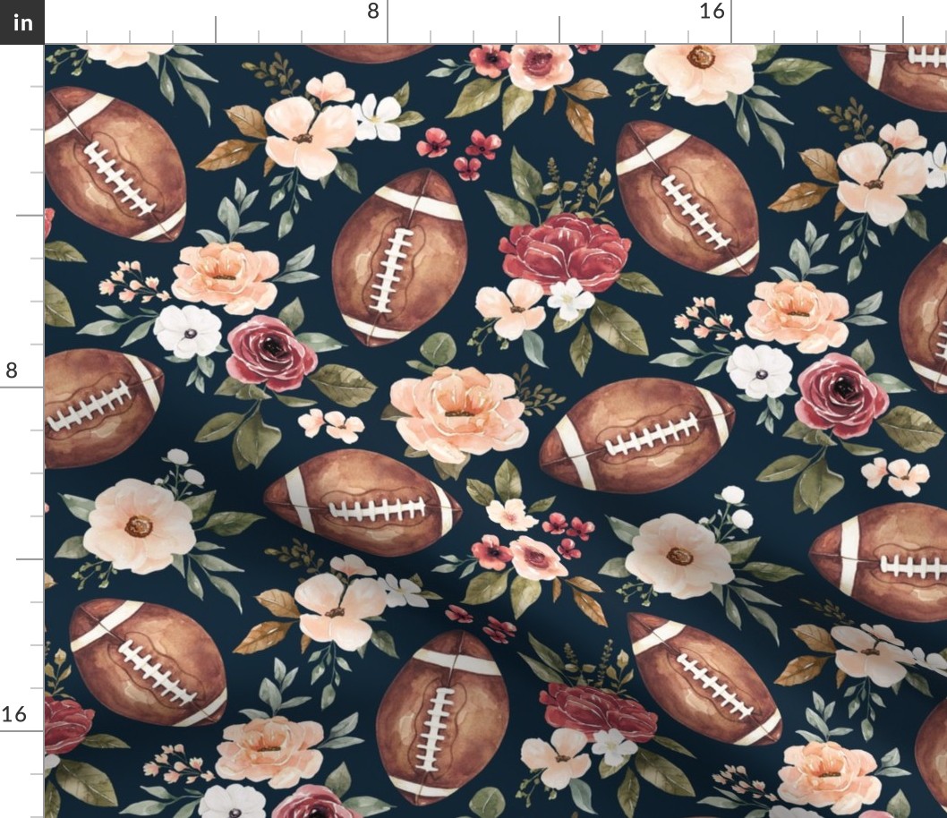 Watercolor Football Floral on Navy Blue 12 inch