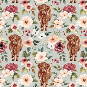 Pink Boho Highland Cow Floral on Vintage Mint Blue 12 inch