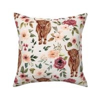 Pink Boho Highland Cow Floral on Cream 12 inch