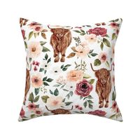 Pink Boho Highland Cow Floral on White 12 inch