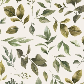 Boho Watercolor Greenery Leaves on Cream 24 inch