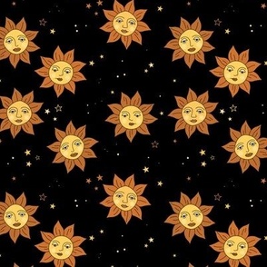 Vintage mystic happy sun - smiley sunny day and stars on black night
