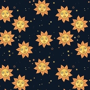 Vintage mystic happy sun - smiley sunny day and stars on navy blue night