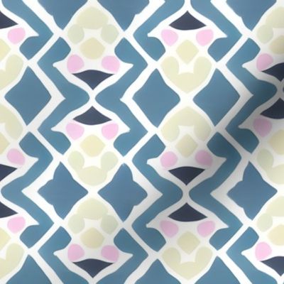 Muted Blue and Cream Ikat with Pastel Pink Dots