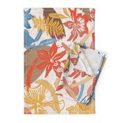 Orchids and splashes in spiced colors block printed on a soft beige tone 
