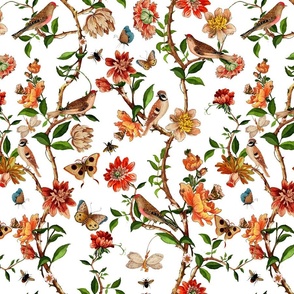 Antiqued Bird And Butterflies Chinoiserie - 18th century reconstructed hand painted lush garden contrast white