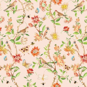 Antiqued Bird And Butterflies Chinoiserie - 18th century reconstructed hand painted lush garden peach 