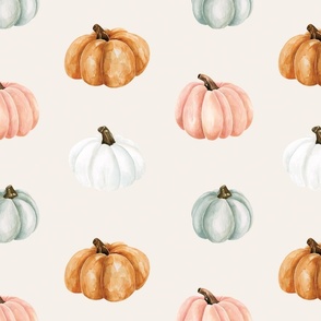 Colorful Watercolor Pink and Blue Pumpkins on Cream 24 inch