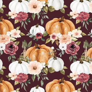 Boho Pumpkin Floral on Maroon Red 12 inch