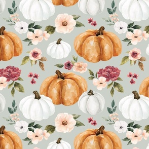 Fall Watercolor Pumpkin Floral on Blue 12 inch
