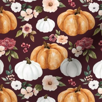 Fall Watercolor Pumpkin Floral on Maroon Red 6 inch